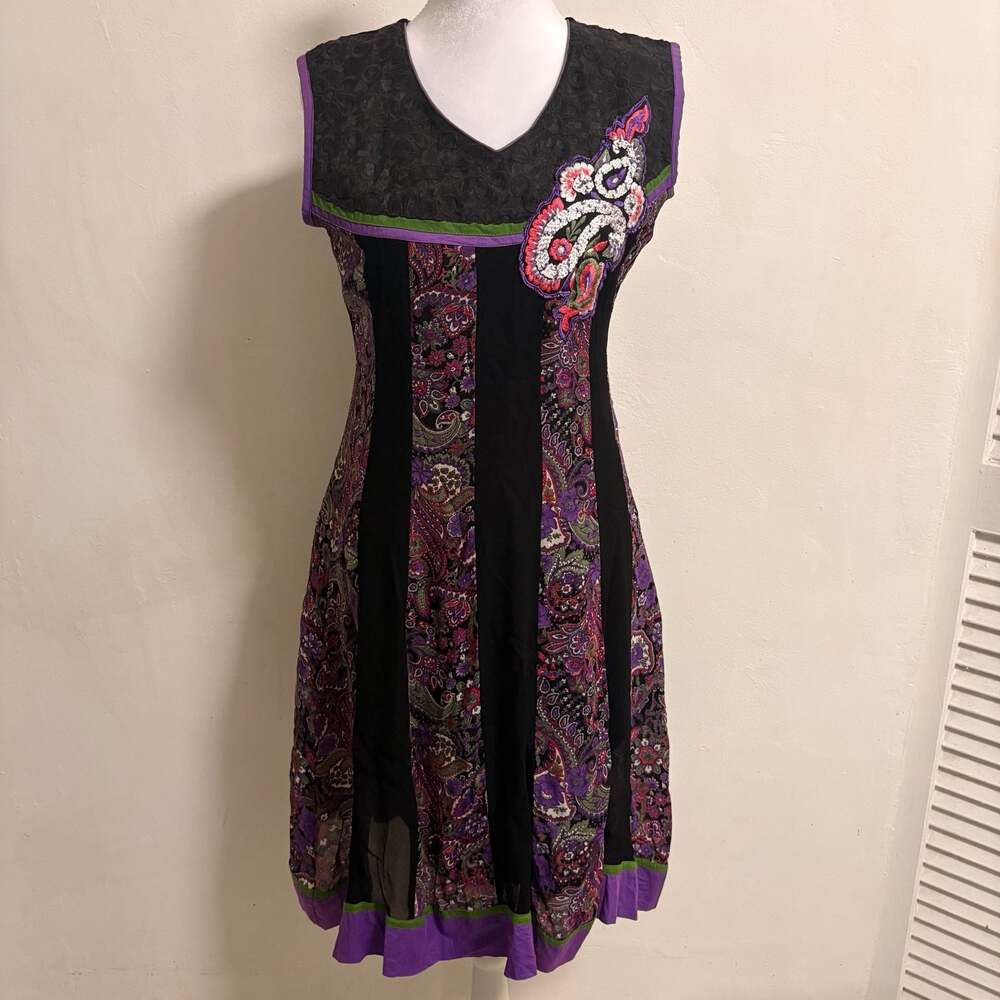 Sleeveless Paisley Purple Black A-line Patchwork Dress Whimsigoth Boho XL